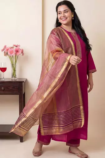 Women Embroidered Thread Work Kurta With Trousers & Dupatta