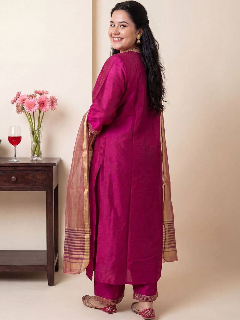 Women Embroidered Thread Work Kurta With Trousers & Dupatta
