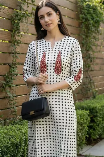 Women Printed Beads and Stones Cotton Kurta with Trousers