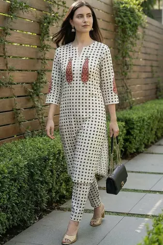 Women Printed Beads and Stones Cotton Kurta with Trousers