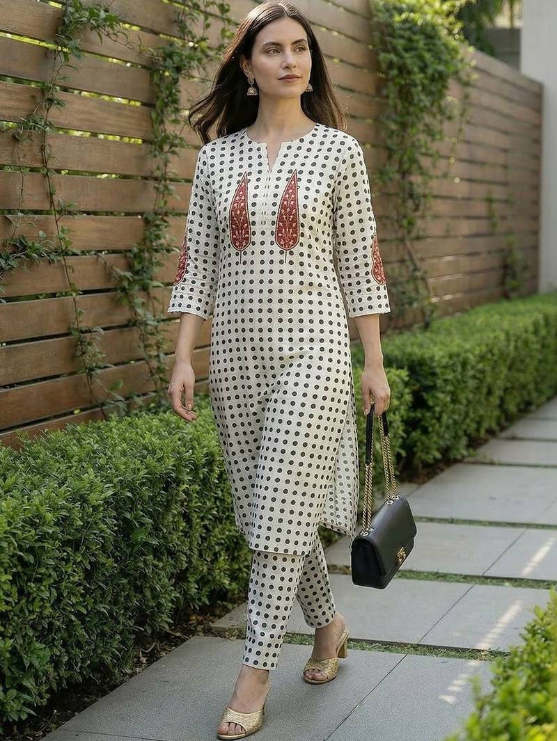 Women Printed Beads and Stones Cotton Kurta with Trousers