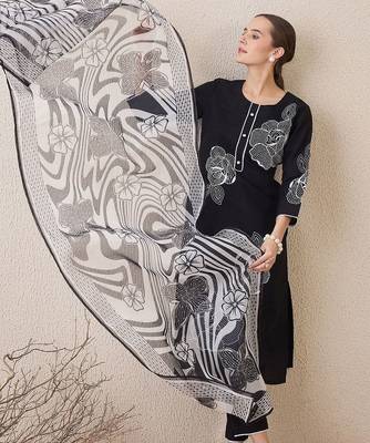 Floral Embroidered Round Neck Sequinned Linen Kurta With Trousers & Dupatta 6