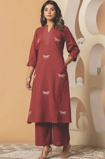 Women Embroidered Thread Work Cotton Kurta with Palazzos