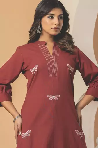 Women Embroidered Thread Work Cotton Kurta with Palazzos