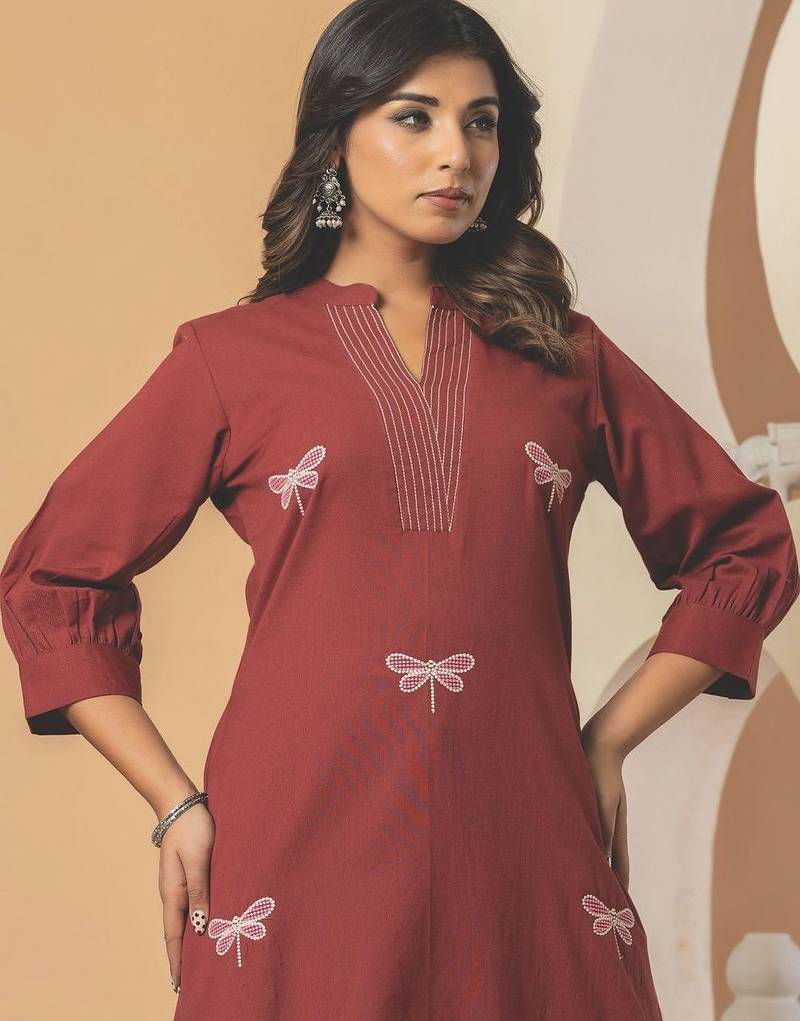 Women Embroidered Thread Work Cotton Kurta with Palazzos