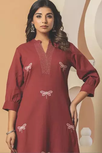 Women Embroidered Thread Work Cotton Kurta with Palazzos