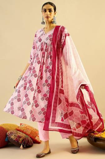 Ethnic Motifs Printed Mirror Work Cotton Kurta with Trouser And Dupatta