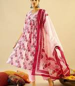 Ethnic Motifs Printed Mirror Work Cotton Kurta with Trouser And Dupatta