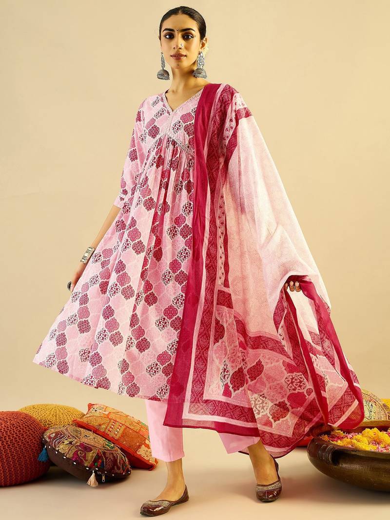 Ethnic Motifs Printed Mirror Work Cotton Kurta with Trouser And Dupatta