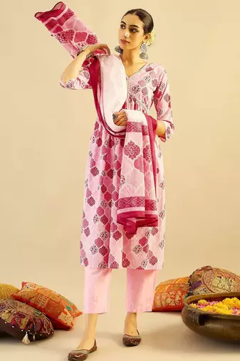Ethnic Motifs Printed Mirror Work Cotton Kurta with Trouser And Dupatta