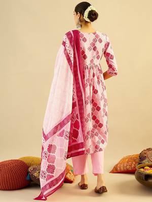Ethnic Motifs Printed Mirror Work Cotton Kurta with Trouser And Dupatta 3