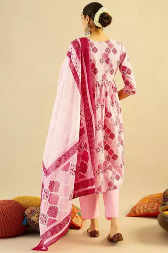 Ethnic Motifs Printed Mirror Work Cotton Kurta with Trouser And Dupatta