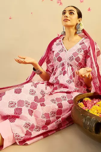 Ethnic Motifs Printed Mirror Work Cotton Kurta with Trouser And Dupatta