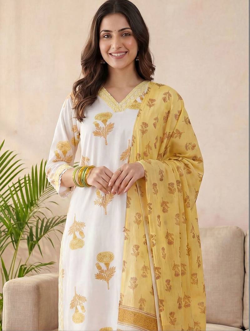 Women Floral Printed Cotton Kurta with Trousers & With Dupatta