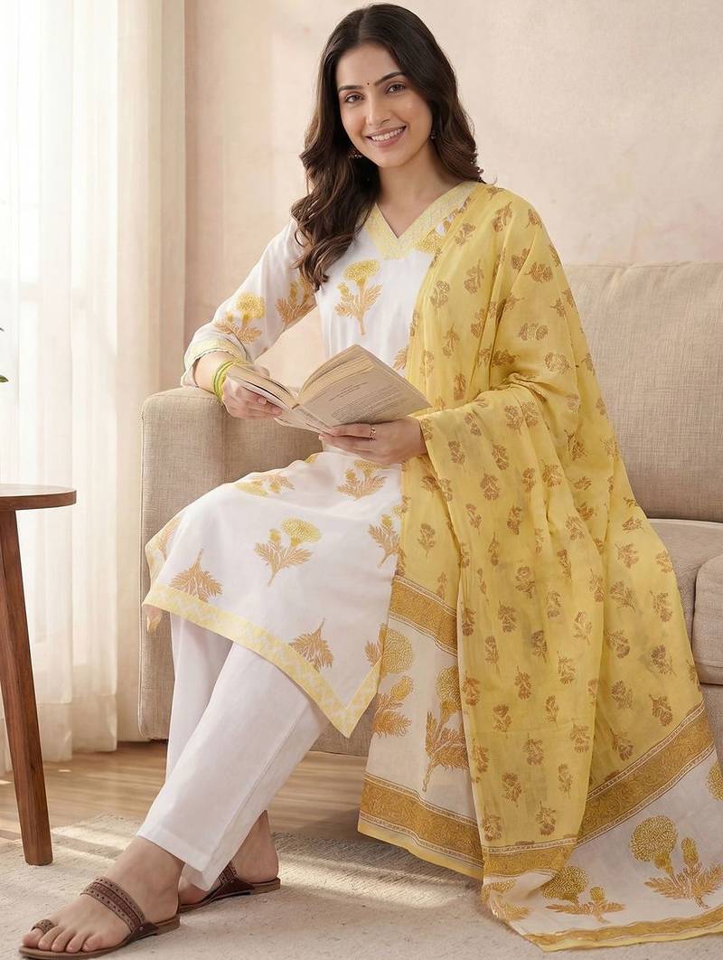 Women Floral Printed Cotton Kurta with Trousers & With Dupatta
