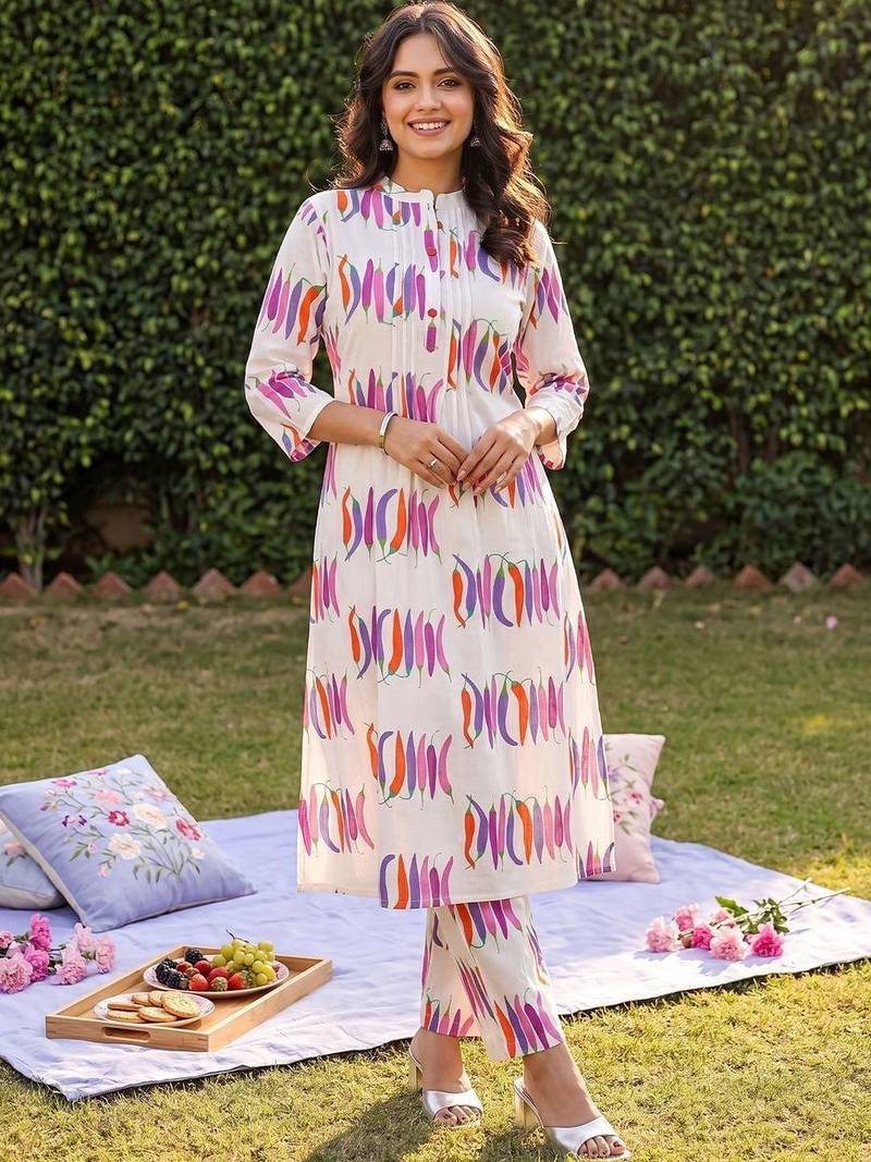 Women Printed Cotton Kurta with Trousers