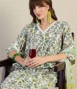 Floral Printed V-Neck Pleated Cotton A-Line Kurta & Trousers With Dupatta
