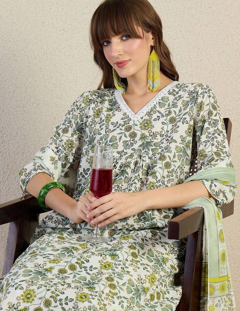 Floral Printed V-Neck Pleated Cotton A-Line Kurta & Trousers With Dupatta