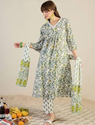 Floral Printed V-Neck Pleated Cotton A-Line Kurta & Trousers With Dupatta 2