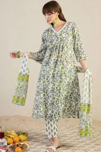 Floral Printed V-Neck Pleated Cotton A-Line Kurta & Trousers With Dupatta