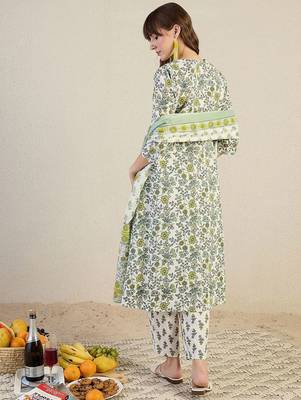 Floral Printed V-Neck Pleated Cotton A-Line Kurta & Trousers With Dupatta 4