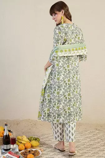 Floral Printed V-Neck Pleated Cotton A-Line Kurta & Trousers With Dupatta
