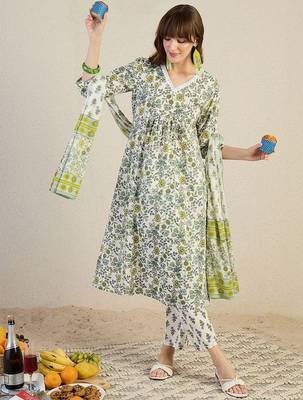 Floral Printed V-Neck Pleated Cotton A-Line Kurta & Trousers With Dupatta 5