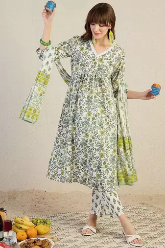 Floral Printed V-Neck Pleated Cotton A-Line Kurta & Trousers With Dupatta