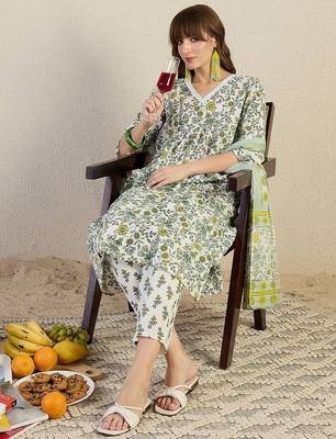 Floral Printed V-Neck Pleated Cotton A-Line Kurta & Trousers With Dupatta 6