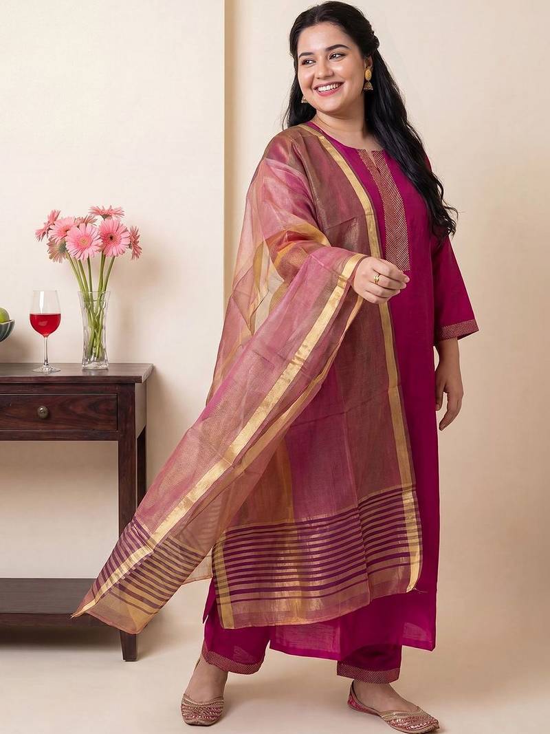 Women Thread Work Kurta with Trousers & With Dupatta
