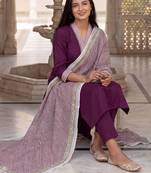 Women Thread Work Cotton Kurta with Trousers & With Dupatta