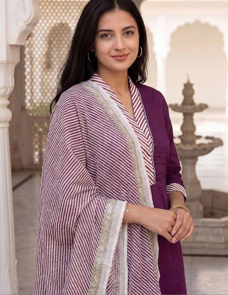 Women Thread Work Cotton Kurta with Trousers & With Dupatta