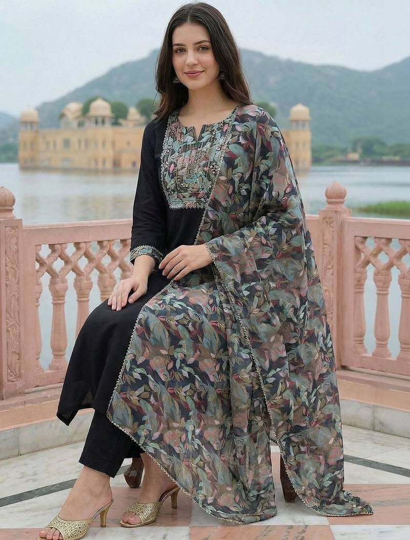 Women Ethnic Motifs Embroidered Thread Work Kurta with Trousers & With Dupatta