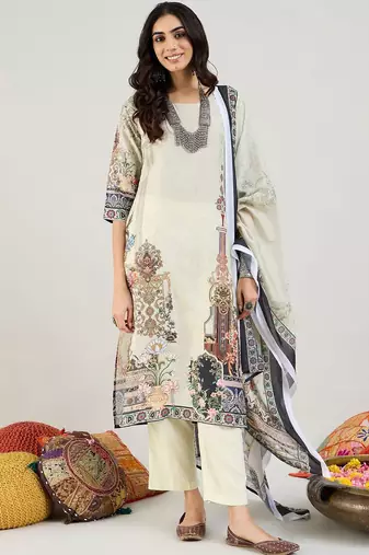 Green Floral Printed Straight Kurta with Trousers & Dupatta