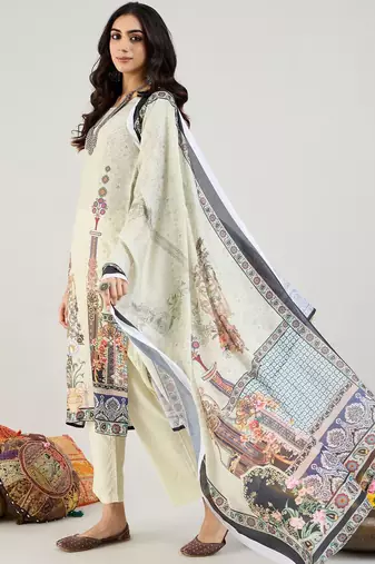 Green Floral Printed Straight Kurta with Trousers & Dupatta