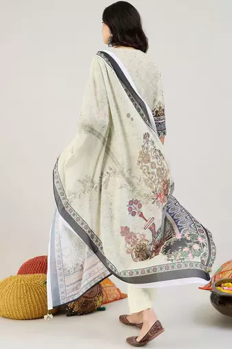 Green Floral Printed Straight Kurta with Trousers & Dupatta