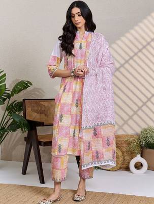 Women Printed Cotton Kurta with Trousers & With Dupatta 2