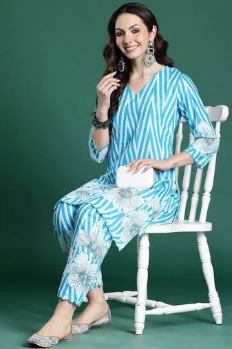 Floral Printed Cotton Kurta with Trousers