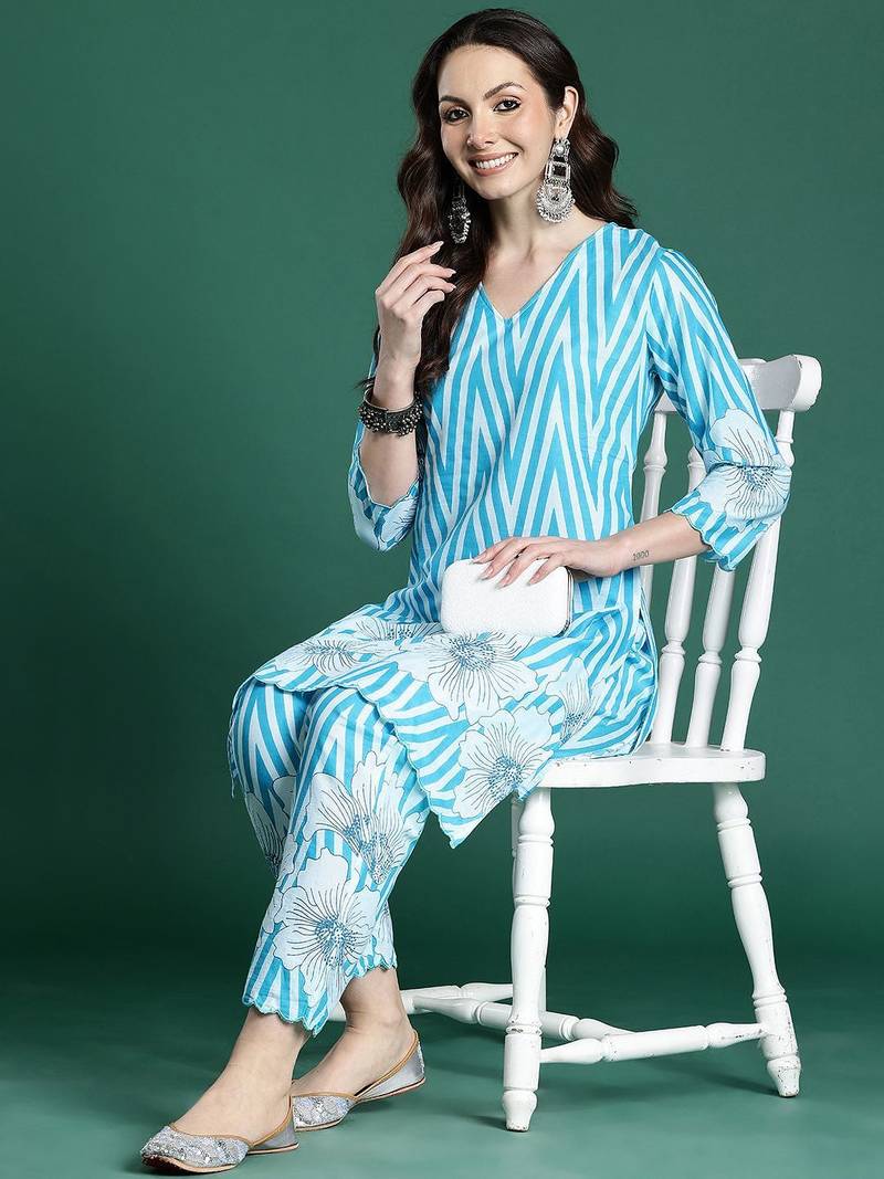 Floral Printed Cotton Kurta with Trousers