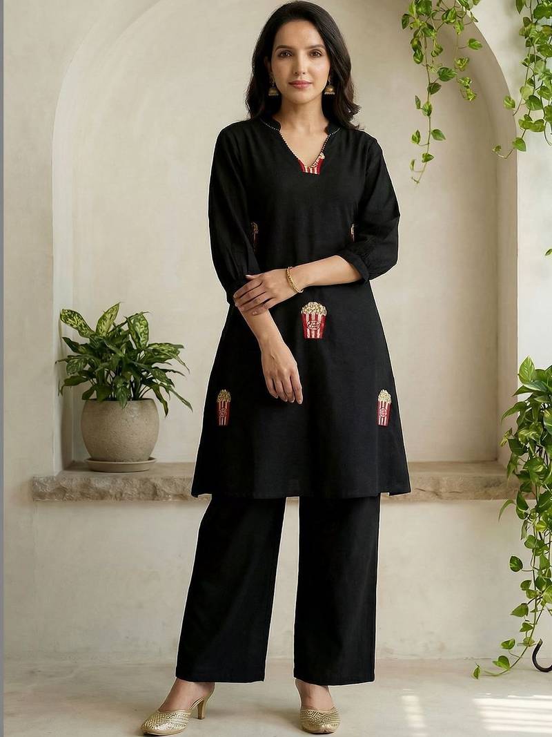 Women Embroidered Cotton Kurti with Palazzos