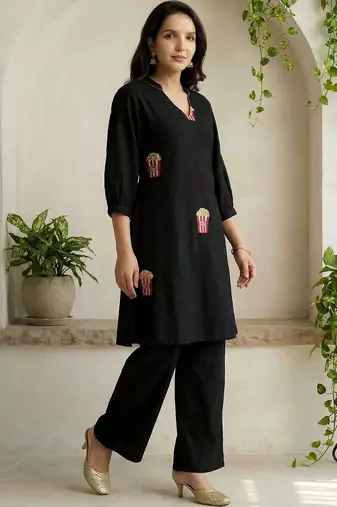 Women Embroidered Cotton Kurti with Palazzos