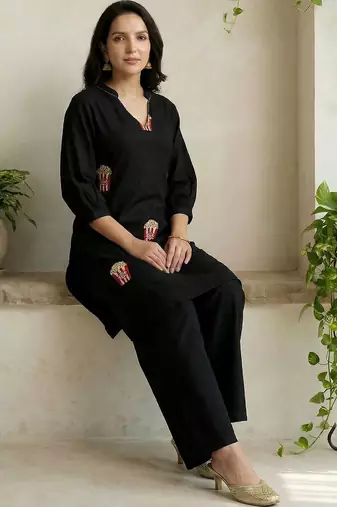 Women Embroidered Cotton Kurti with Palazzos