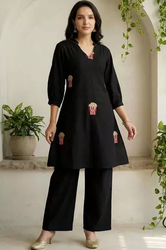 Women Embroidered Cotton Kurti with Palazzos