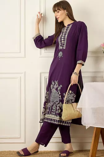 Women Printed Mirror Work Cotton Kurta with Trousers