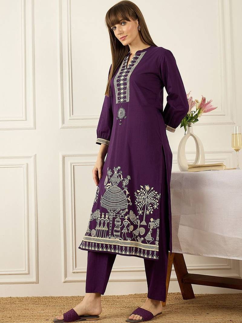 Women Printed Mirror Work Cotton Kurta with Trousers
