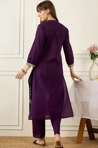 Women Printed Mirror Work Cotton Kurta with Trousers