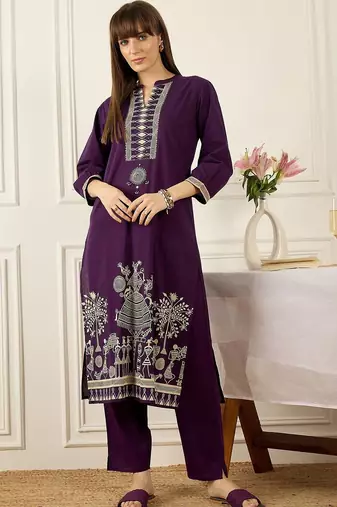 Women Printed Mirror Work Cotton Kurta with Trousers