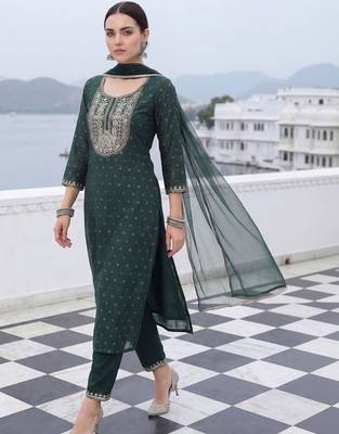 Women Embroidered Chanderi Silk Kurta with Trousers & With Dupatta 1