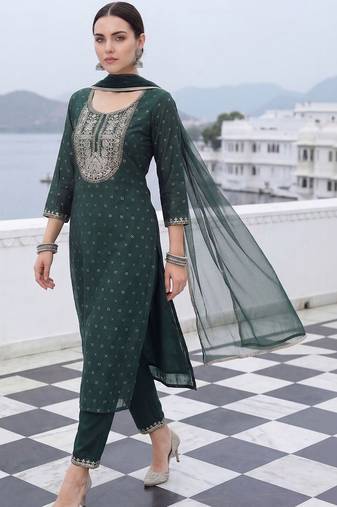 Women Embroidered Chanderi Silk Kurta with Trousers & With Dupatta