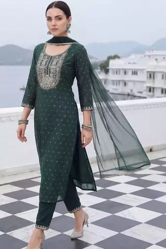 Women Embroidered Chanderi Silk Kurta with Trousers & With Dupatta